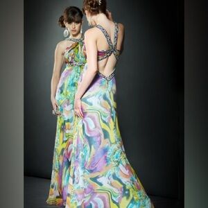 Mac Duggal Multicolored Backless Halter Gown
